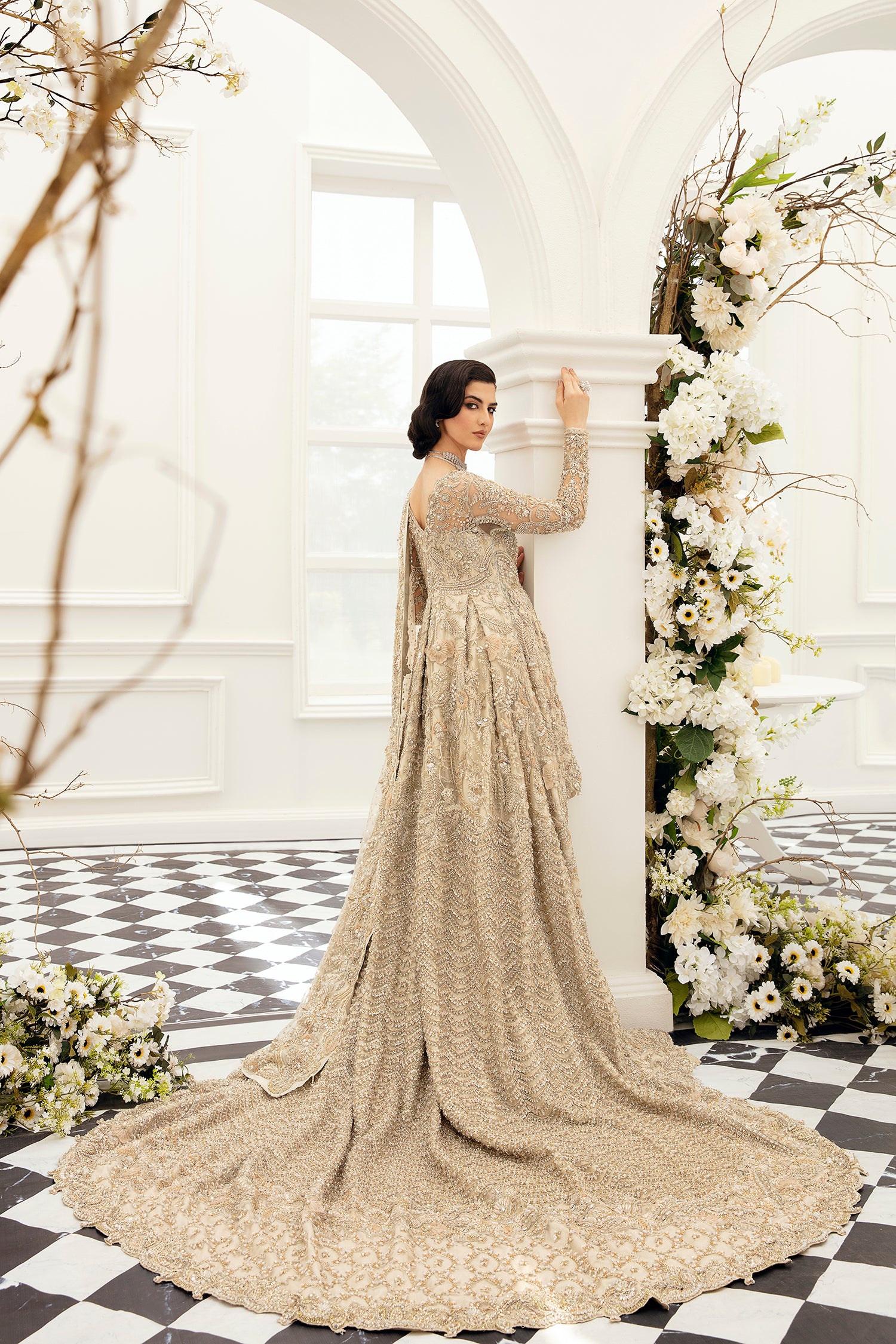 Champagne Embellished Net Silk Bridal Lehenga Gown (3-Piece) - Image 4