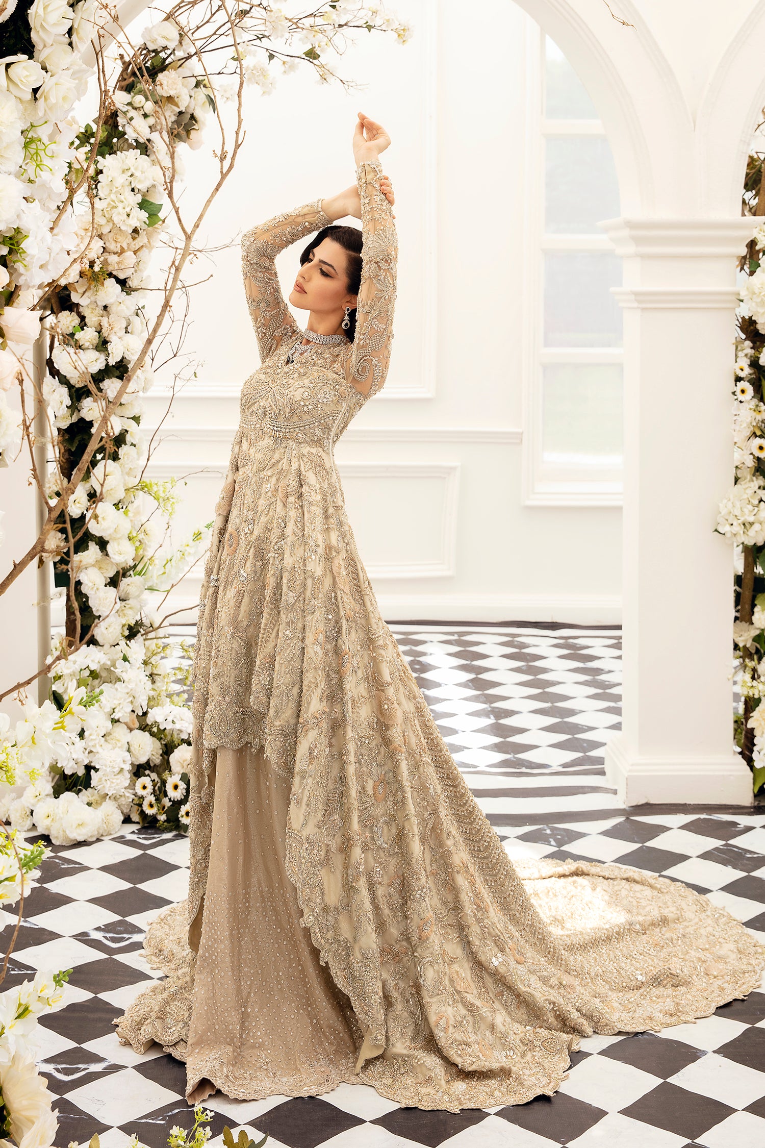 Champagne Embellished Net Silk Bridal Lehenga Gown (3-Piece) - Image 5