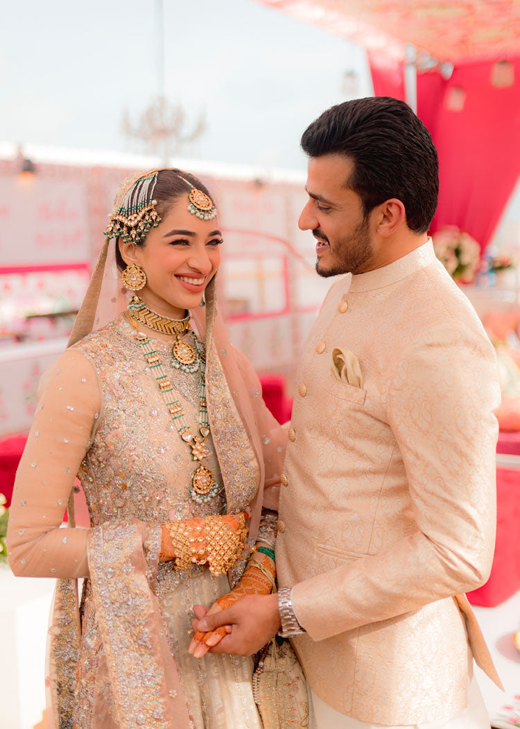 Pakistani Champagne Blush Embellished Silk Bridal Lehenga (3-Piece) - Image 2