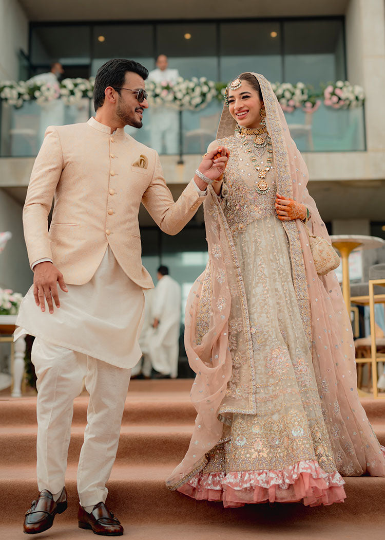 Pakistani Champagne Blush Embellished Silk Bridal Lehenga (3-Piece) - Image 5