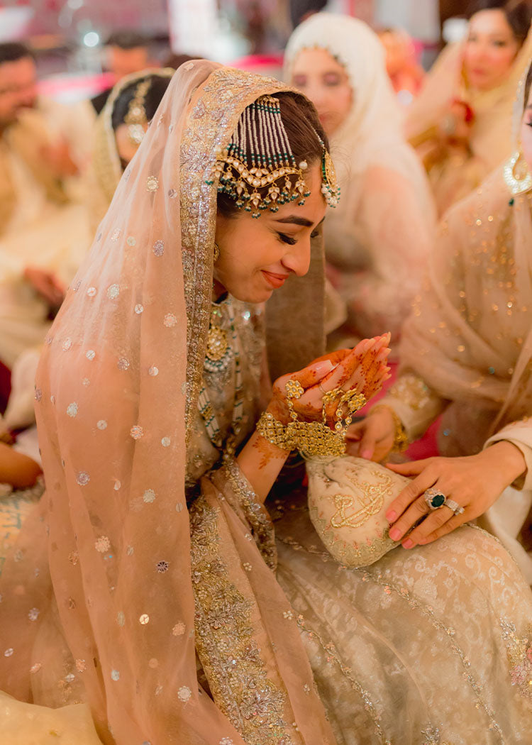 Pakistani Champagne Blush Embellished Silk Bridal Lehenga (3-Piece) - Image 6