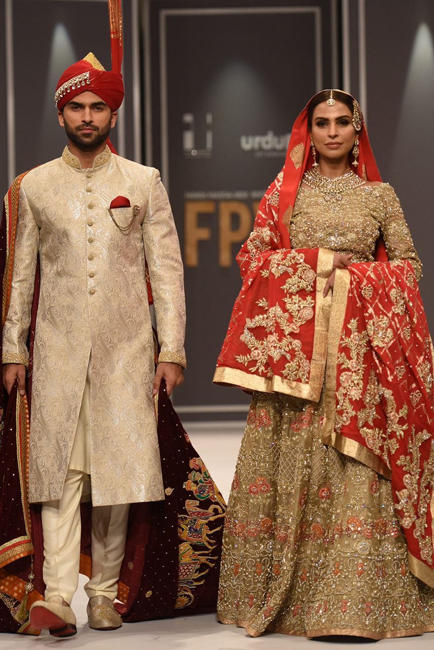 Pakistani Gold Swarovski Embellished Silk Bridal Lehnga Choli (3-Piece) - Image 1