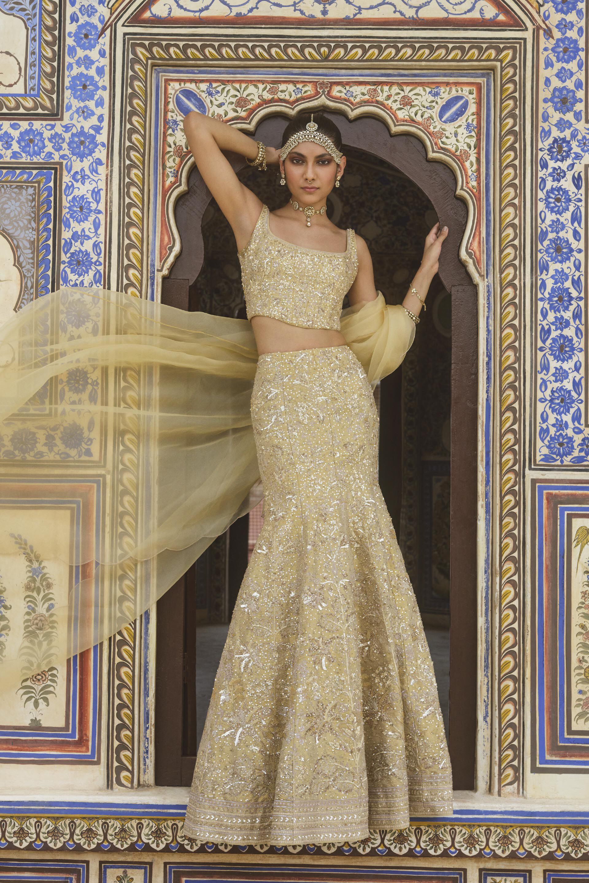 Indian Gold Embroidered Silk Fishtail Lehenga Set (3-Piece) - Image 1