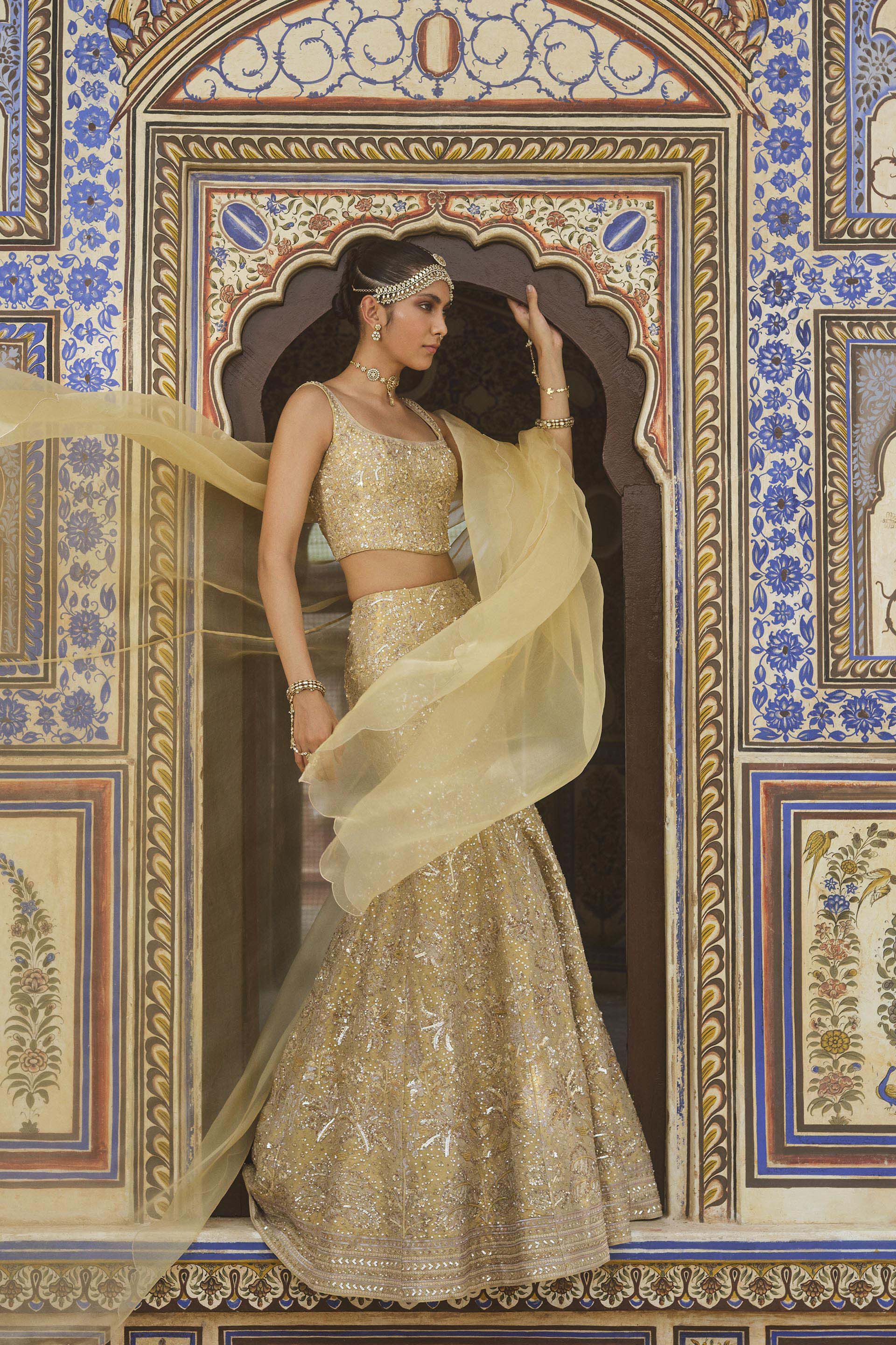 Indian Gold Embroidered Silk Fishtail Lehenga Set (3-Piece) - Image 2
