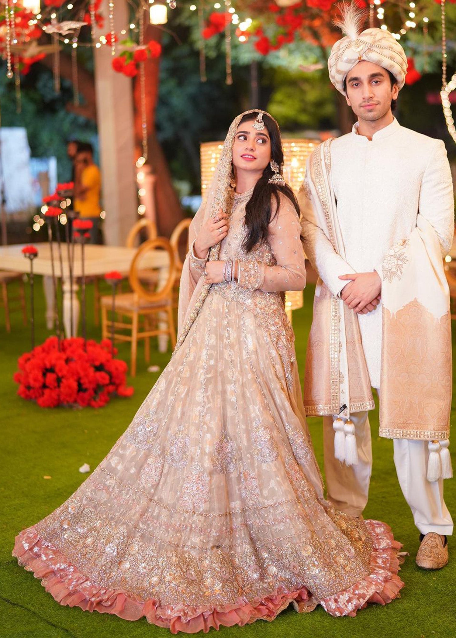 Pakistani Champagne Embellished Silk Bridal Lehenga (3-Piece) - Image 1