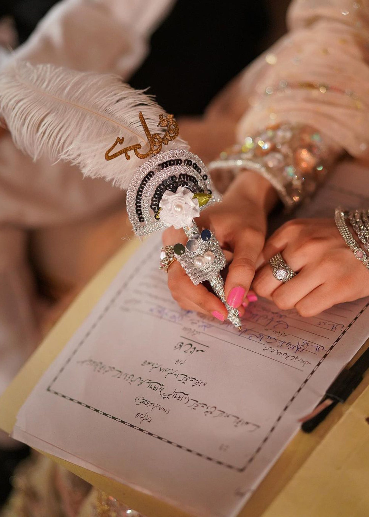 Pakistani Champagne Embellished Silk Bridal Lehenga (3-Piece) - Image 3