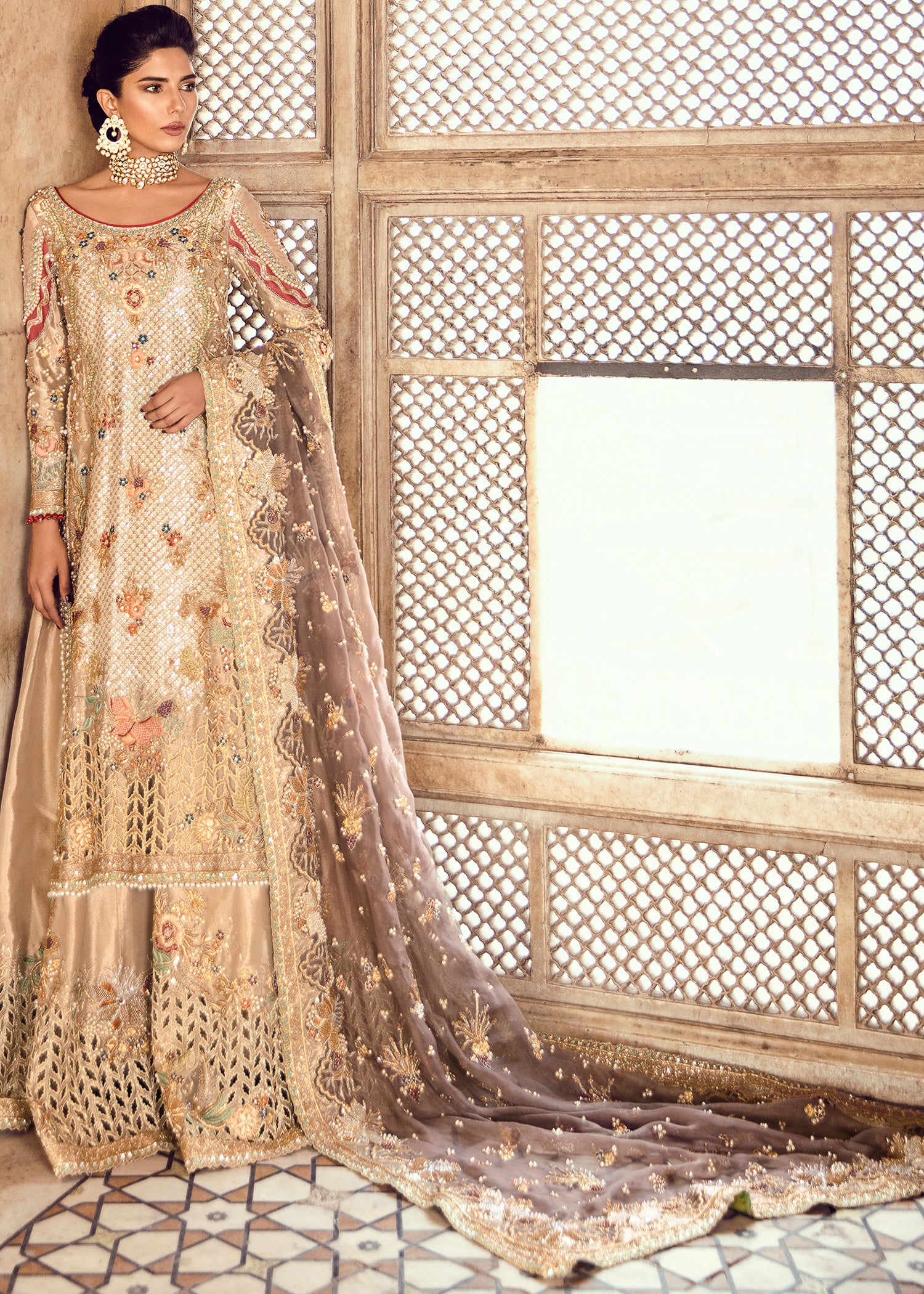Pakistani Champagne Gold Embroidered Silk Lehenga (3-Piece) - Image 1