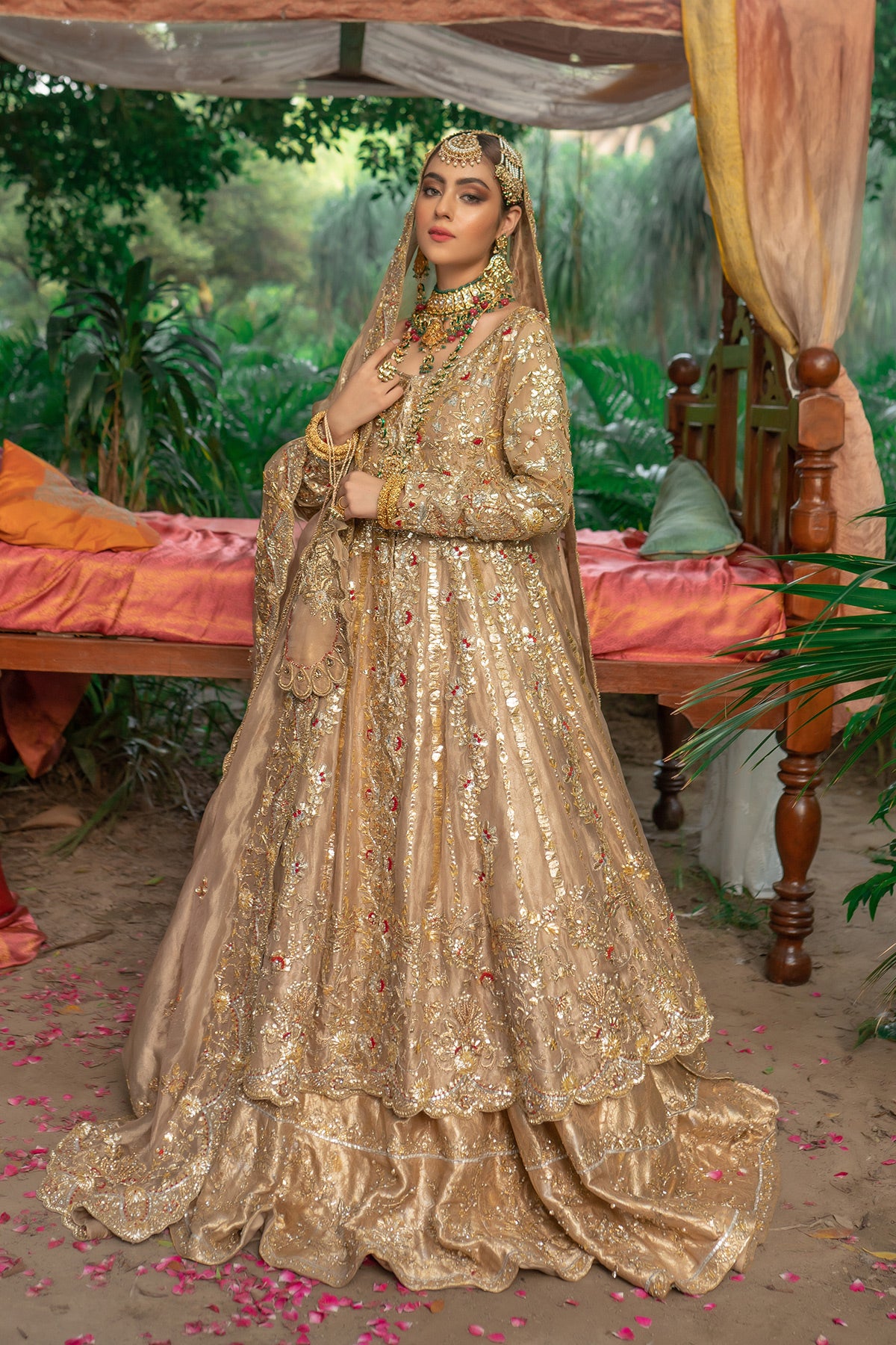 Gold Gota Zardozi Silk Tissue & Brocade Lehenga (3-Piece) - Image 1