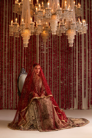 Pakistani Gold Zardozi Silk & Tissue Pishwas Lehenga (3-Piece) - Image 11