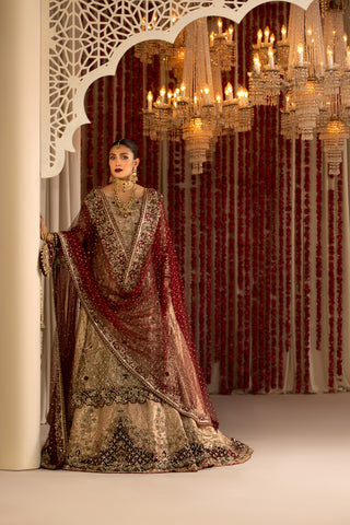 Pakistani Gold Zardozi Silk & Tissue Pishwas Lehenga (3-Piece) - Image 2
