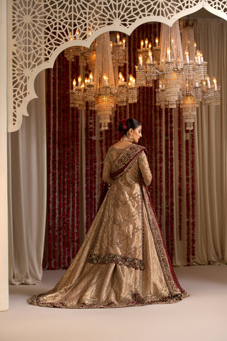 Pakistani Gold Zardozi Silk & Tissue Pishwas Lehenga (3-Piece) - Image 3