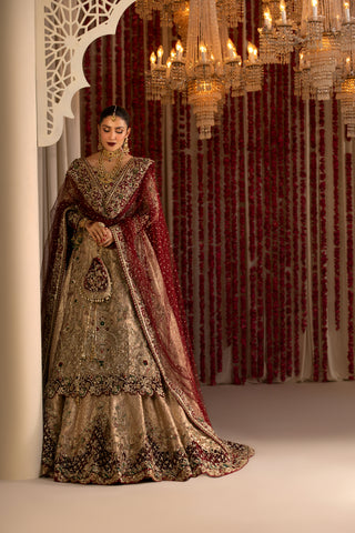 Pakistani Gold Zardozi Silk & Tissue Pishwas Lehenga (3-Piece) - Image 5
