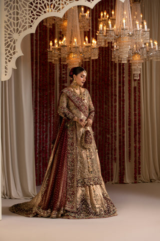 Pakistani Gold Zardozi Silk & Tissue Pishwas Lehenga (3-Piece) - Image 6
