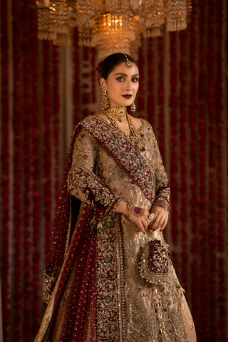 Pakistani Gold Zardozi Silk & Tissue Pishwas Lehenga (3-Piece) - Image 7