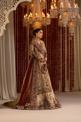 Pakistani Gold Zardozi Silk & Tissue Pishwas Lehenga (3-Piece) - Image 8
