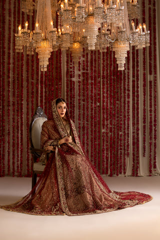 Pakistani Gold Zardozi Silk & Tissue Pishwas Lehenga (3-Piece) - Image 9