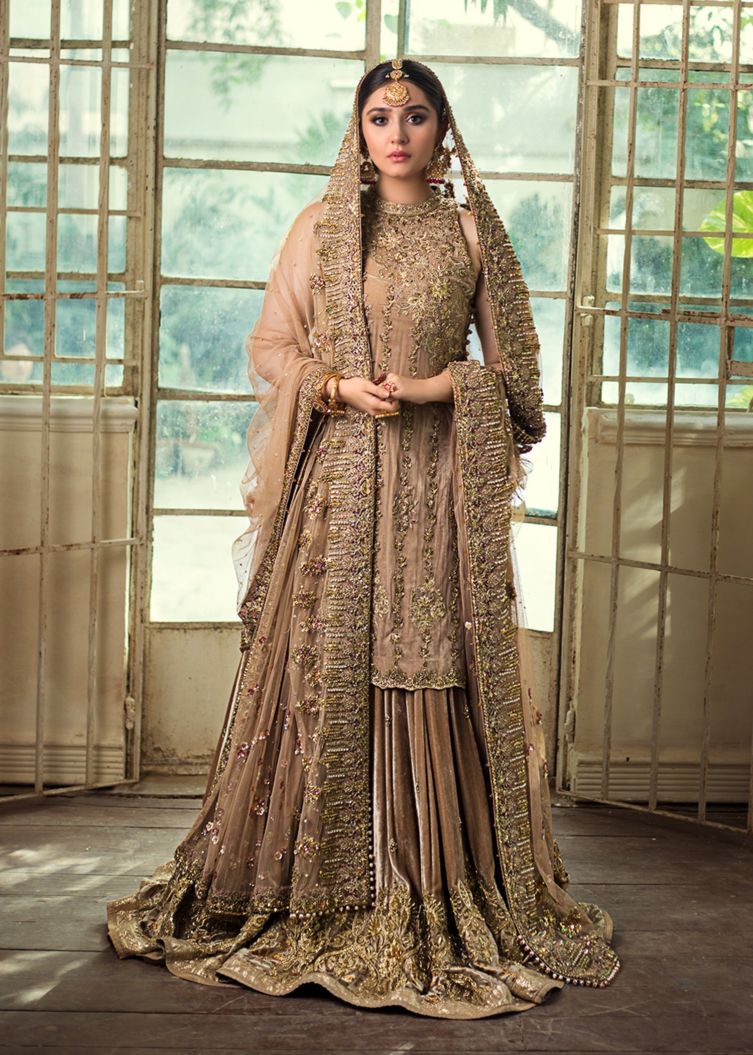 Cappuccino Gold Zardozi Silk & Velvet Bridal Lehenga (3-Piece) - Image 1