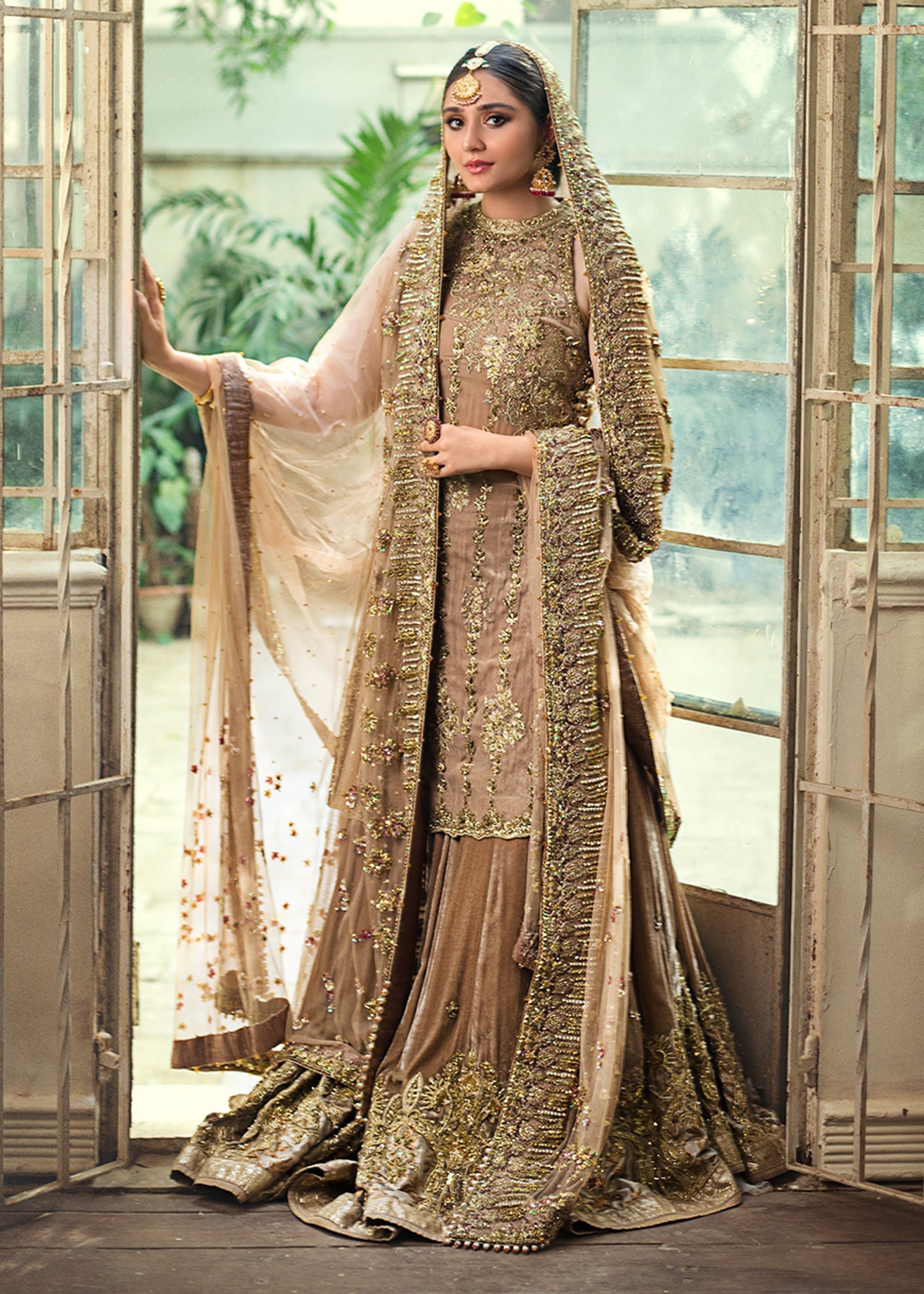Cappuccino Gold Zardozi Silk & Velvet Bridal Lehenga (3-Piece) - Image 2