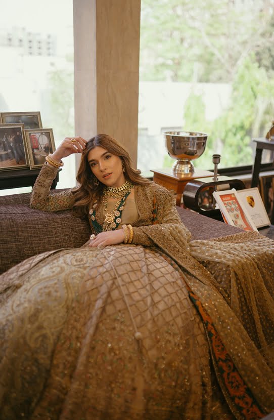 Gold Zardozi Embroidered Silk-Blend Gown with Lehenga (3-Piece) - Image 1