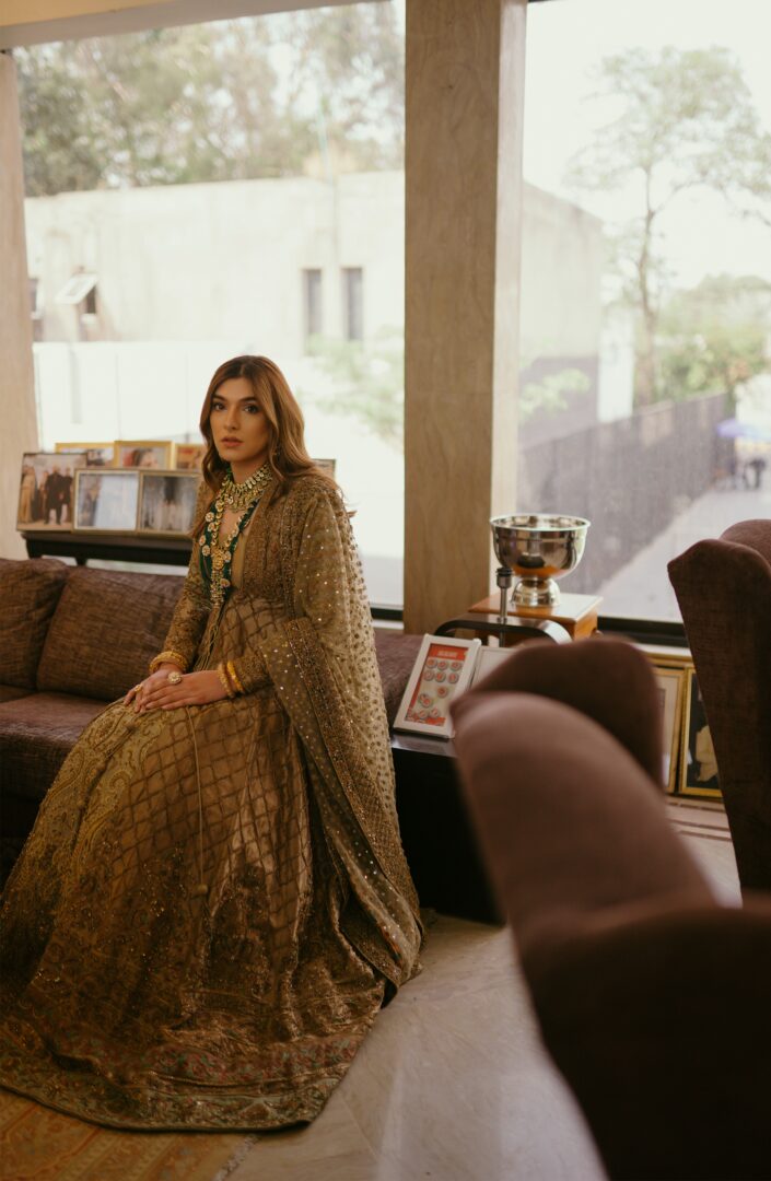 Gold Zardozi Embroidered Silk-Blend Gown with Lehenga (3-Piece) - Image 2