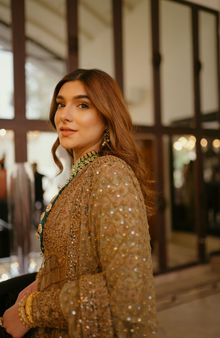 Gold Zardozi Embroidered Silk-Blend Gown with Lehenga (3-Piece) - Image 3