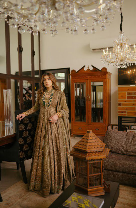 Gold Zardozi Embroidered Silk-Blend Gown with Lehenga (3-Piece) - Image 5