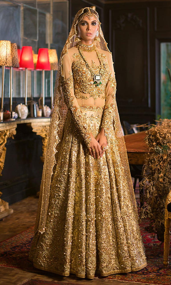 Gold Zardozi Silk Bridal Lehenga (3-Piece) - Image 3