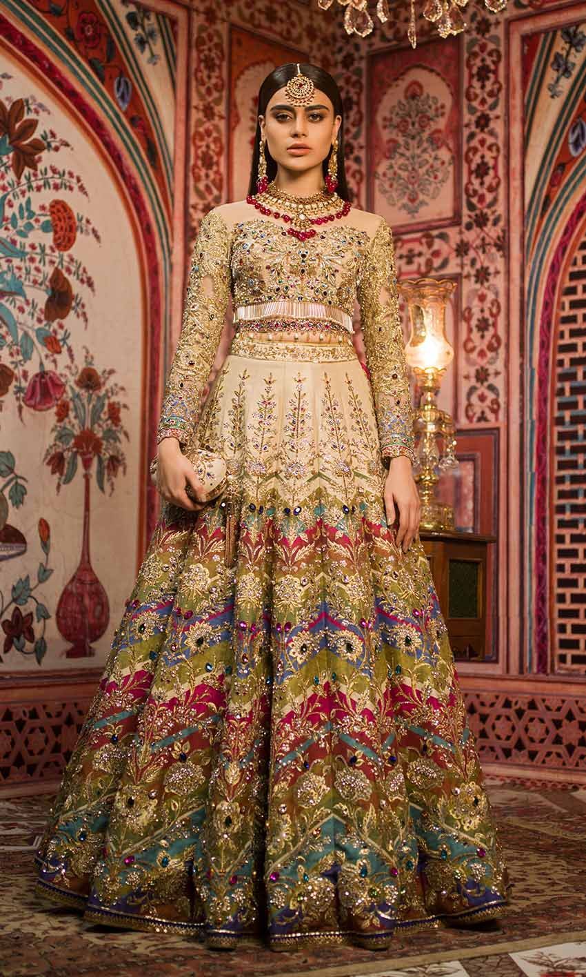 Gold Multicolour Embellished Silk Bridal Lehenga (2-Piece) - Image 1