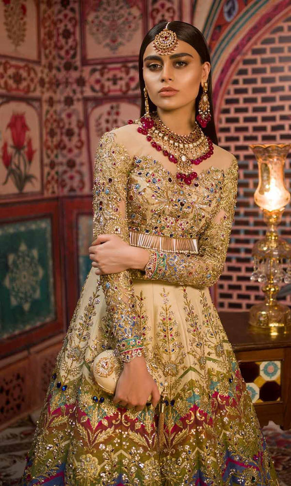 Gold Multicolour Embellished Silk Bridal Lehenga (2-Piece) - Image 4