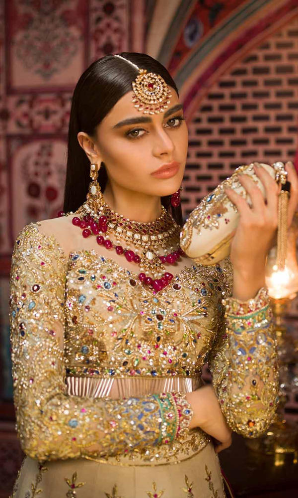 Gold Multicolour Embellished Silk Bridal Lehenga (2-Piece) - Image 5