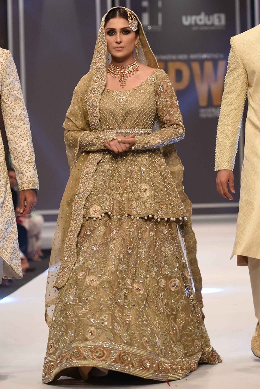Pakistani Gold Embellished Tissue Silk Bridal Lehenga (3-Piece) - Image 1