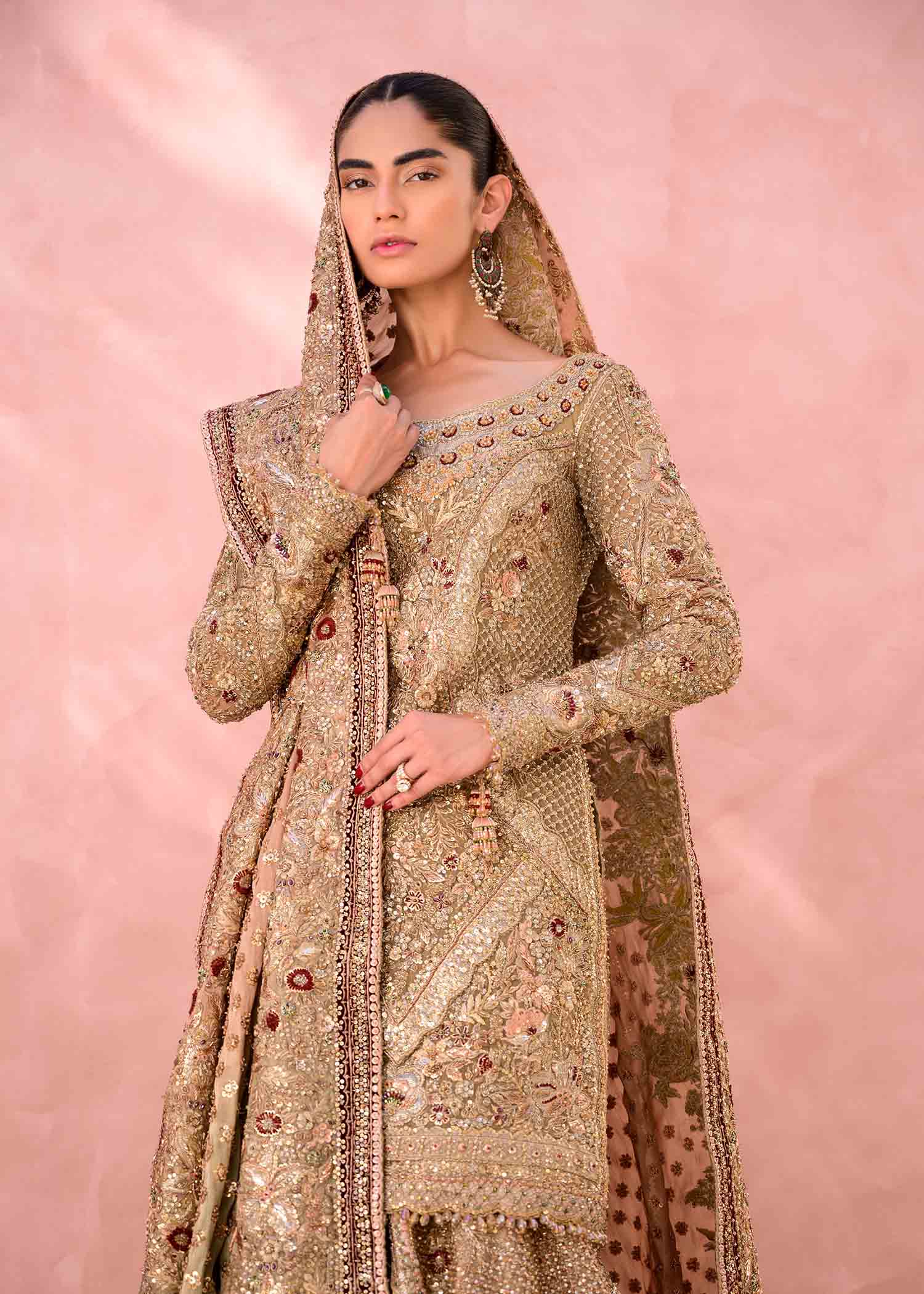 Pakistani Antique Gold Embellished Silk Bridal Lehenga (3-Piece) - Image 3