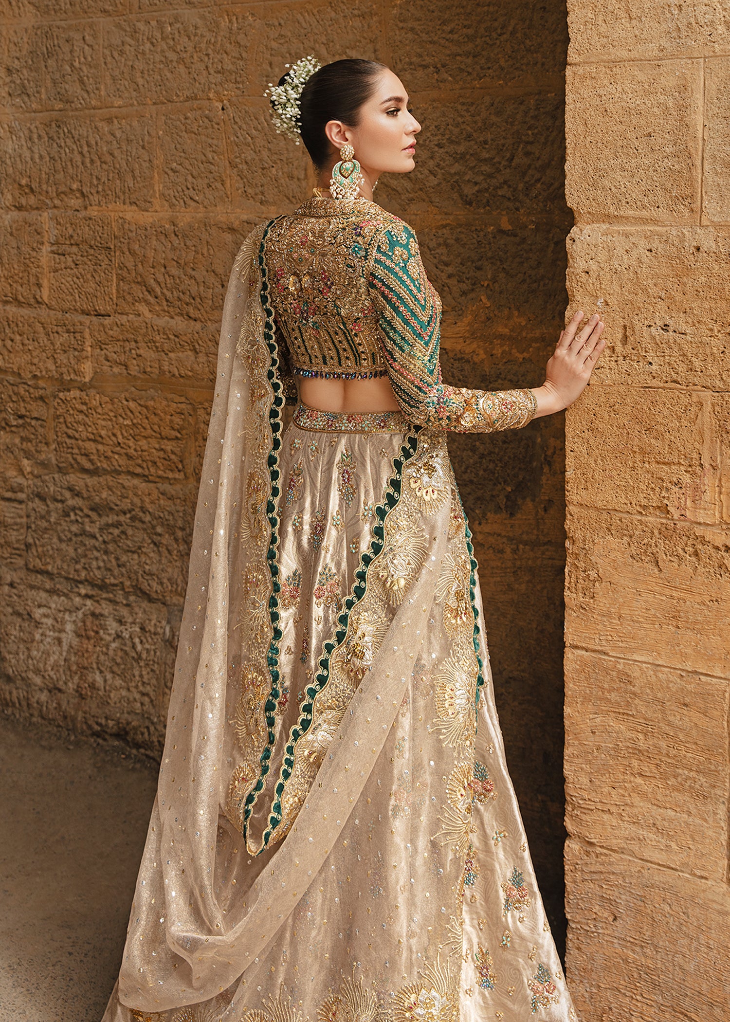 Pakistani Gold and Emerald Embroidered Silk Blend Bridal Lehenga (3-Piece) - Image 4