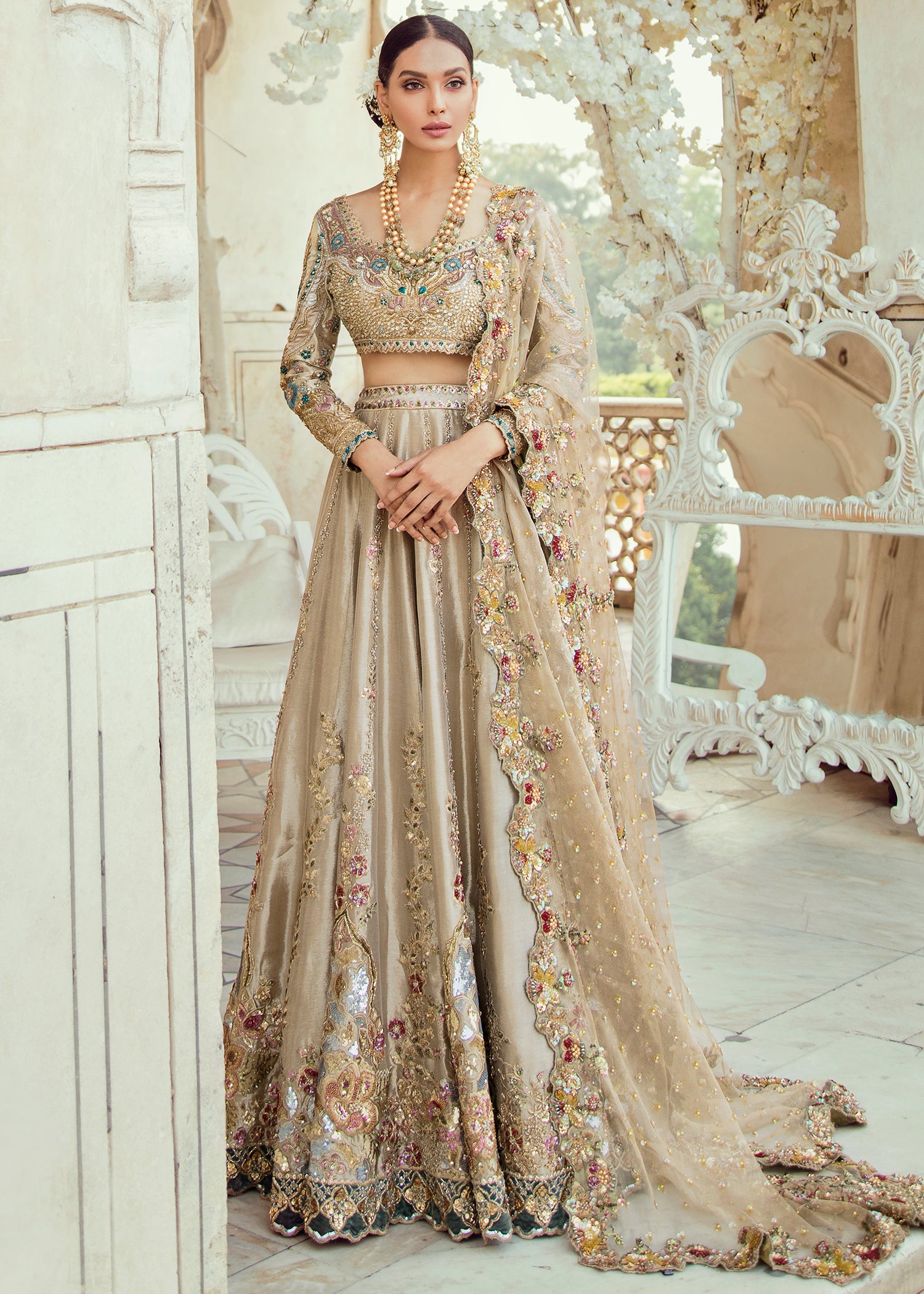 Pakistani Champagne Gold Embellished Silk Bridal Lehenga (3-Piece) - Image 2