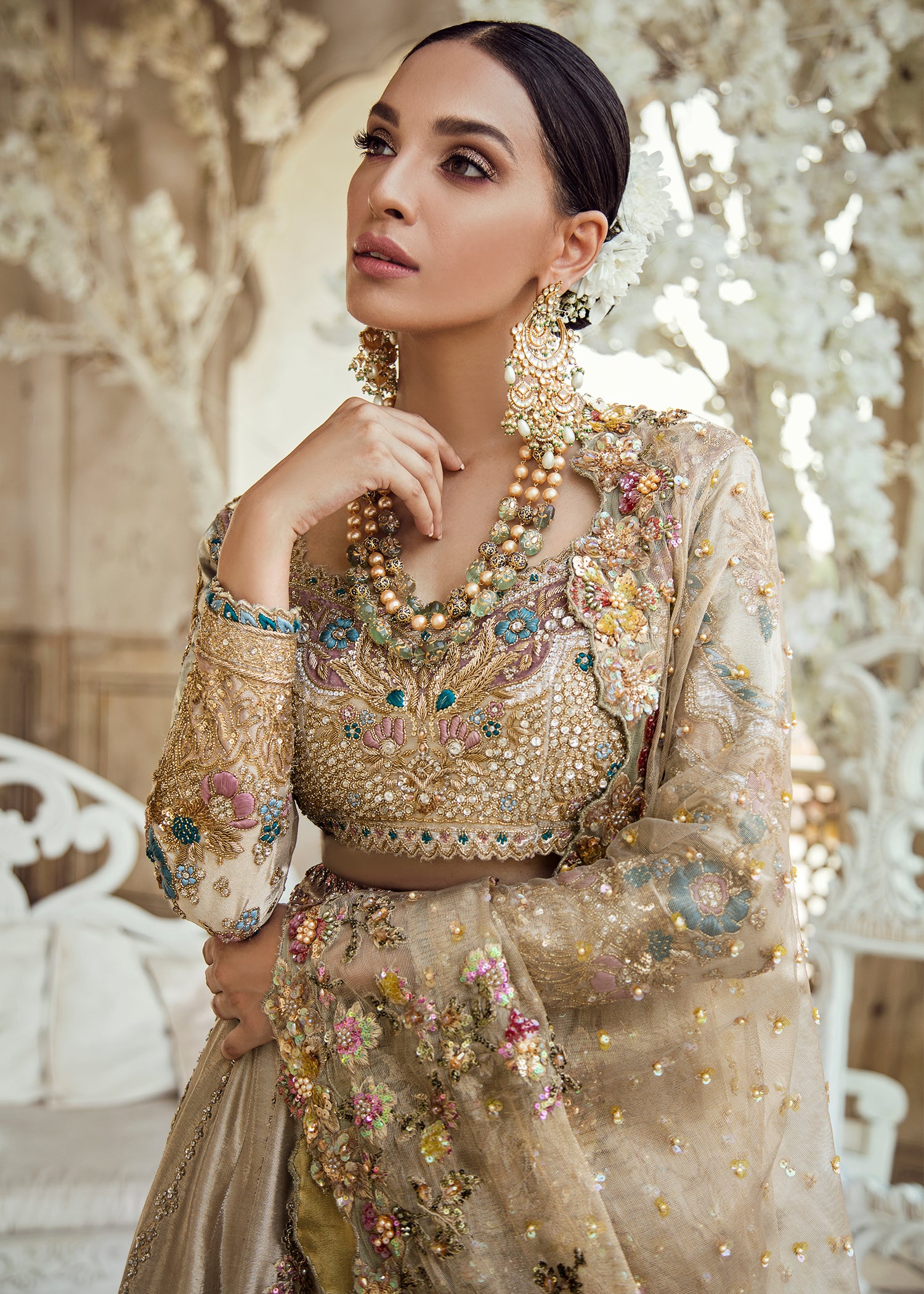 Pakistani Champagne Gold Embellished Silk Bridal Lehenga (3-Piece) - Image 3