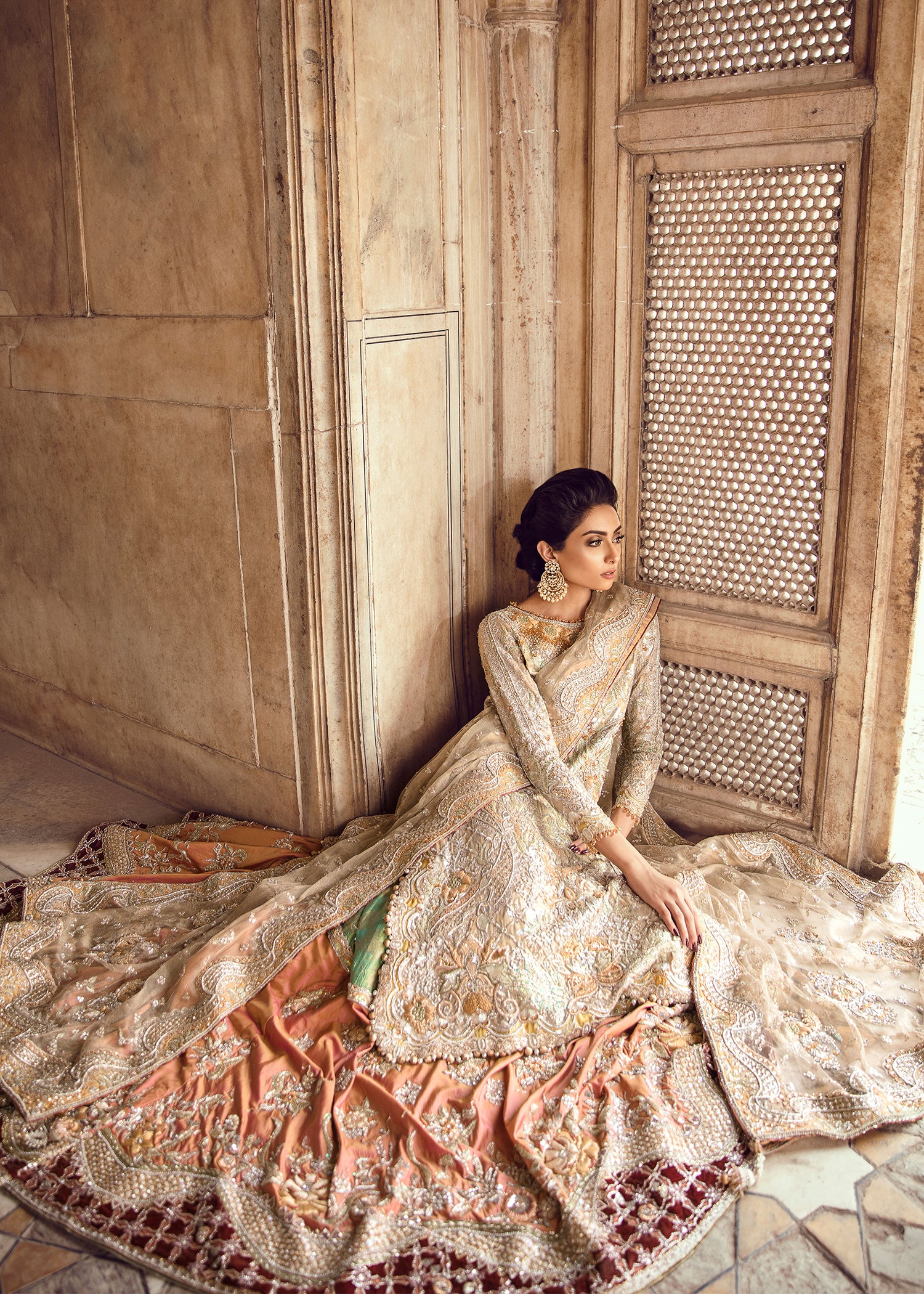 Gold and Peach Embellished Net Silk Bridal Lehenga (3-Piece) - Image 2