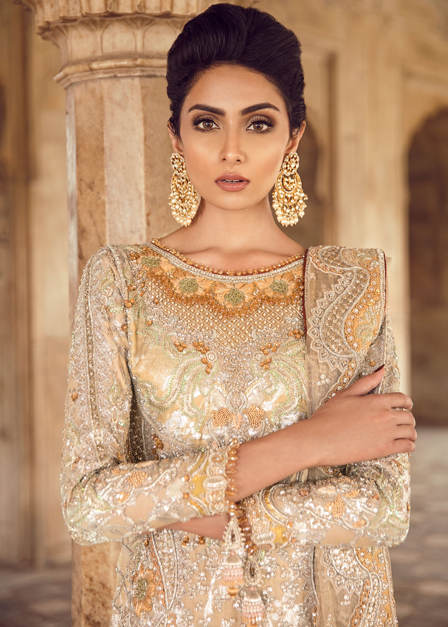 Gold and Peach Embellished Net Silk Bridal Lehenga (3-Piece) - Image 3