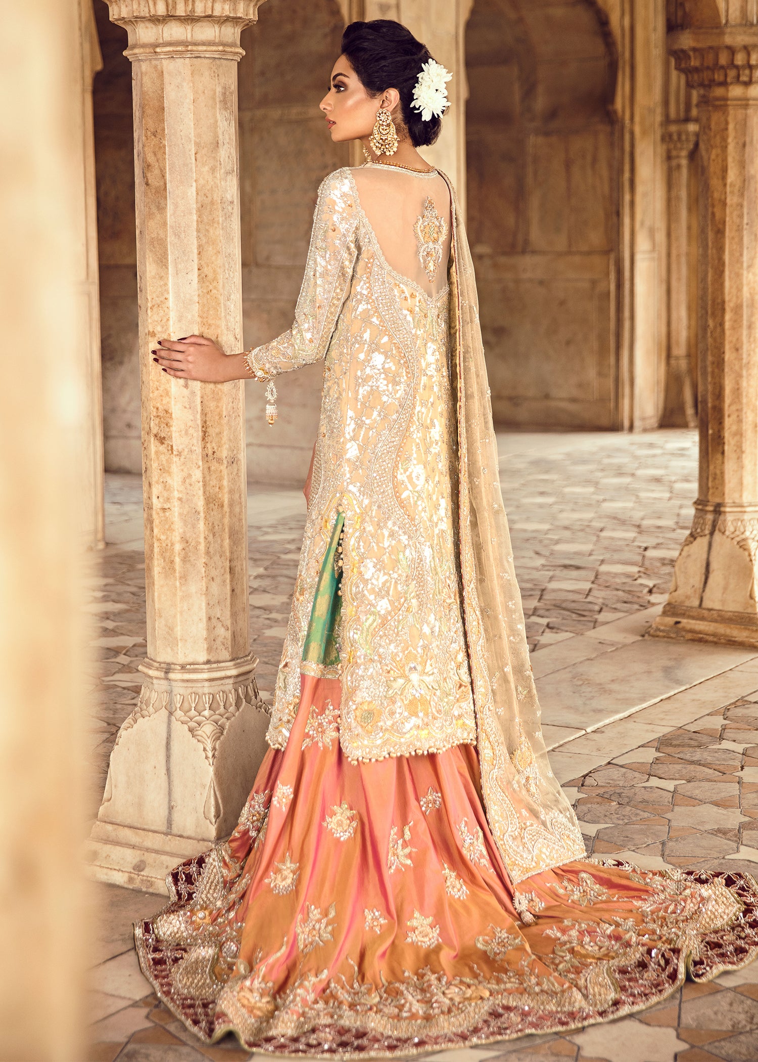Gold and Peach Embellished Net Silk Bridal Lehenga (3-Piece) - Image 4
