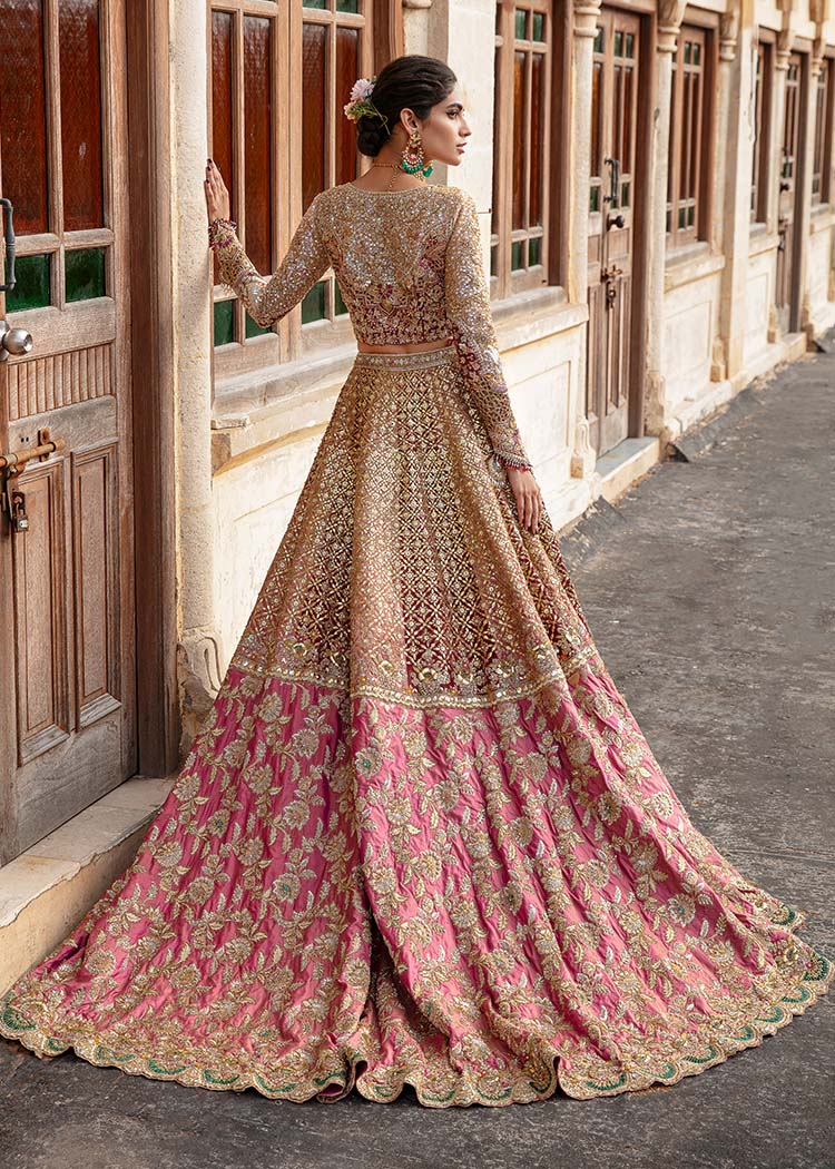 Gold and Rose Pink Embellished Silk Bridal Lehenga Choli (3-Piece) - Image 3