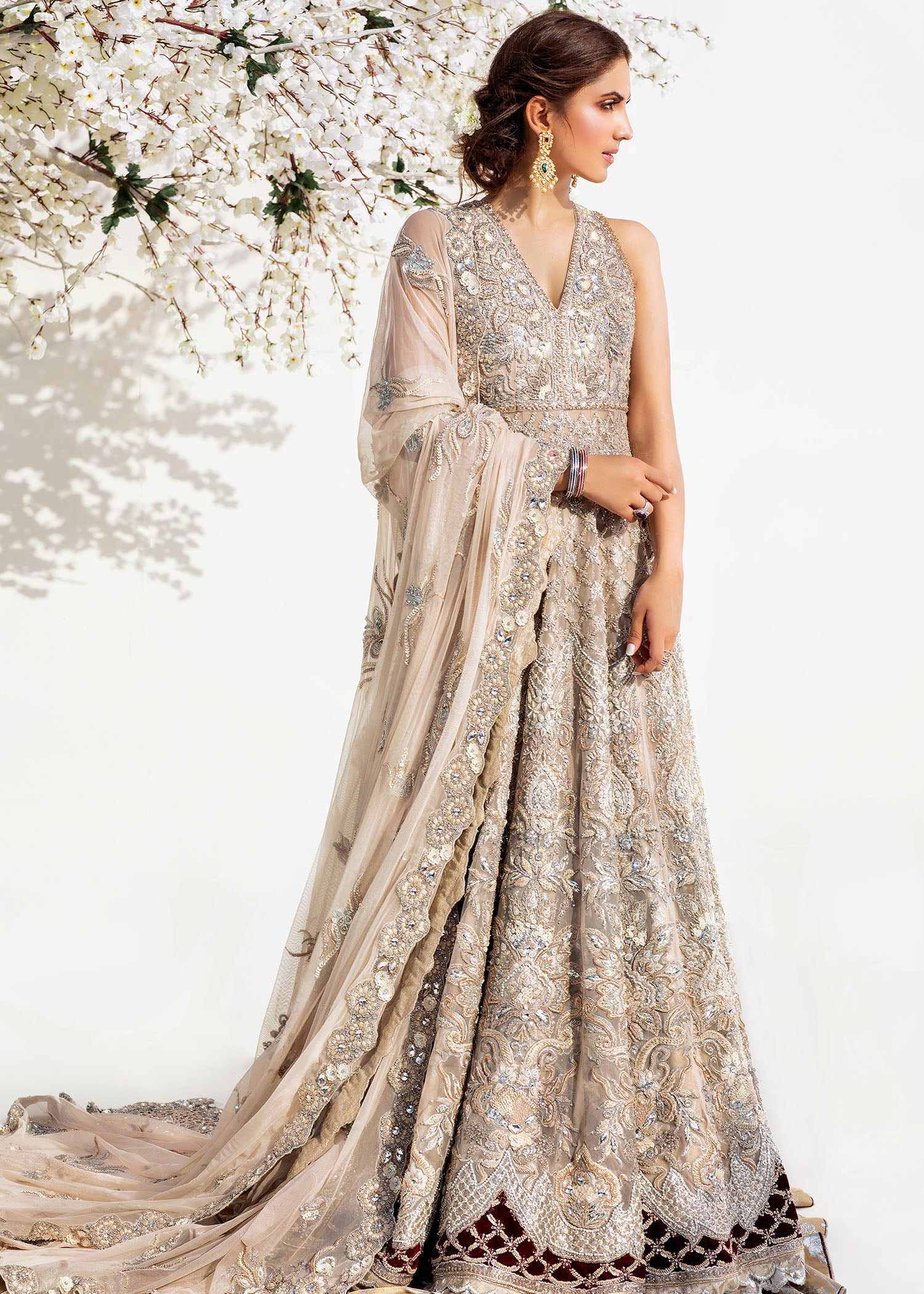 Pakistani Champagne Embellished Silk-Blend Bridal Lehenga (3-Piece) - Image 1