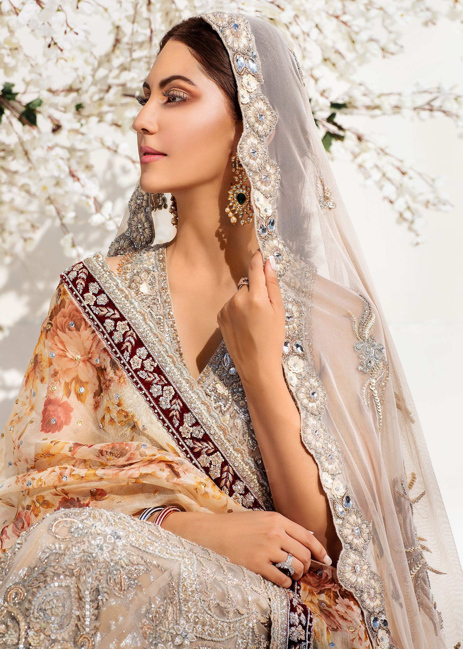 Pakistani Champagne Embellished Silk-Blend Bridal Lehenga (3-Piece) - Image 3
