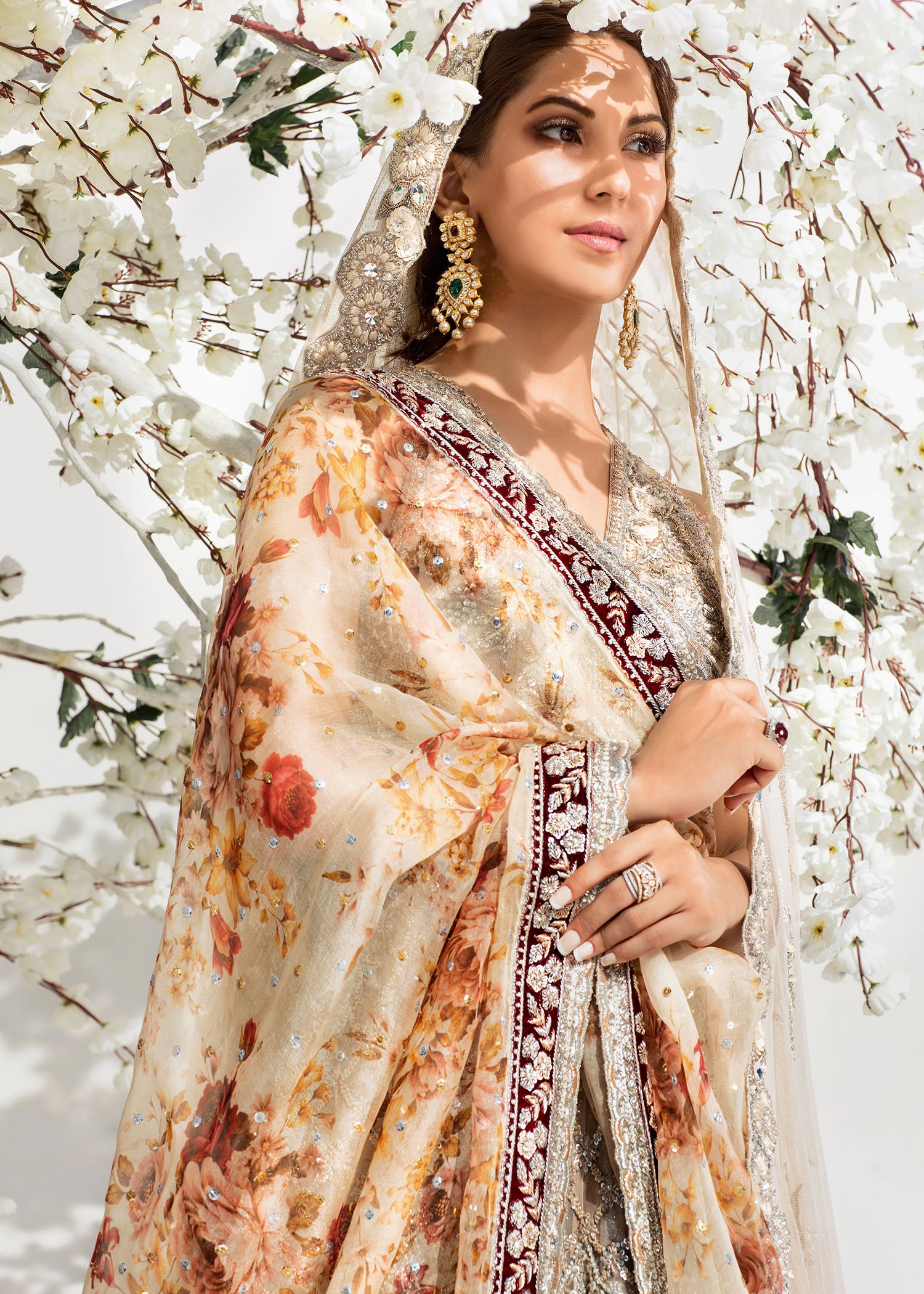 Pakistani Champagne Embellished Silk-Blend Bridal Lehenga (3-Piece) - Image 4