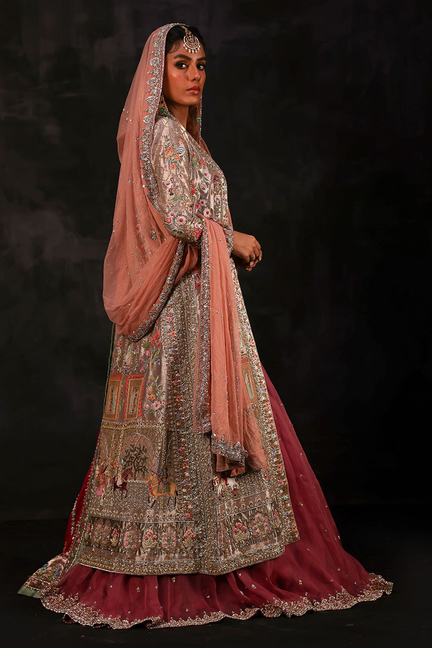 Rose Gold Zardozi Silk Jacket & Lehnga (5-Piece) - Image 3
