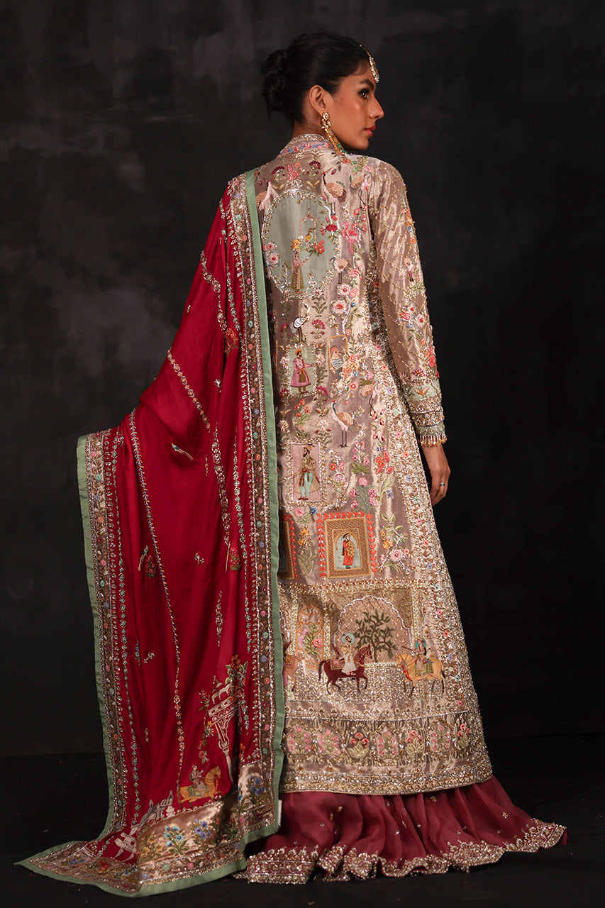 Rose Gold Zardozi Silk Jacket & Lehnga (5-Piece) - Image 4