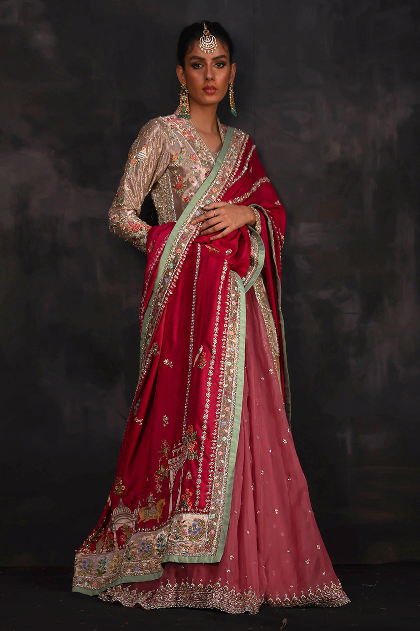 Rose Gold Zardozi Silk Jacket & Lehnga (5-Piece) - Image 6