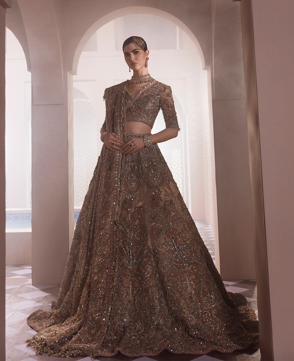 Antique Gold Embroidered Silk Bridal Lehenga (3-Piece) - Image 2