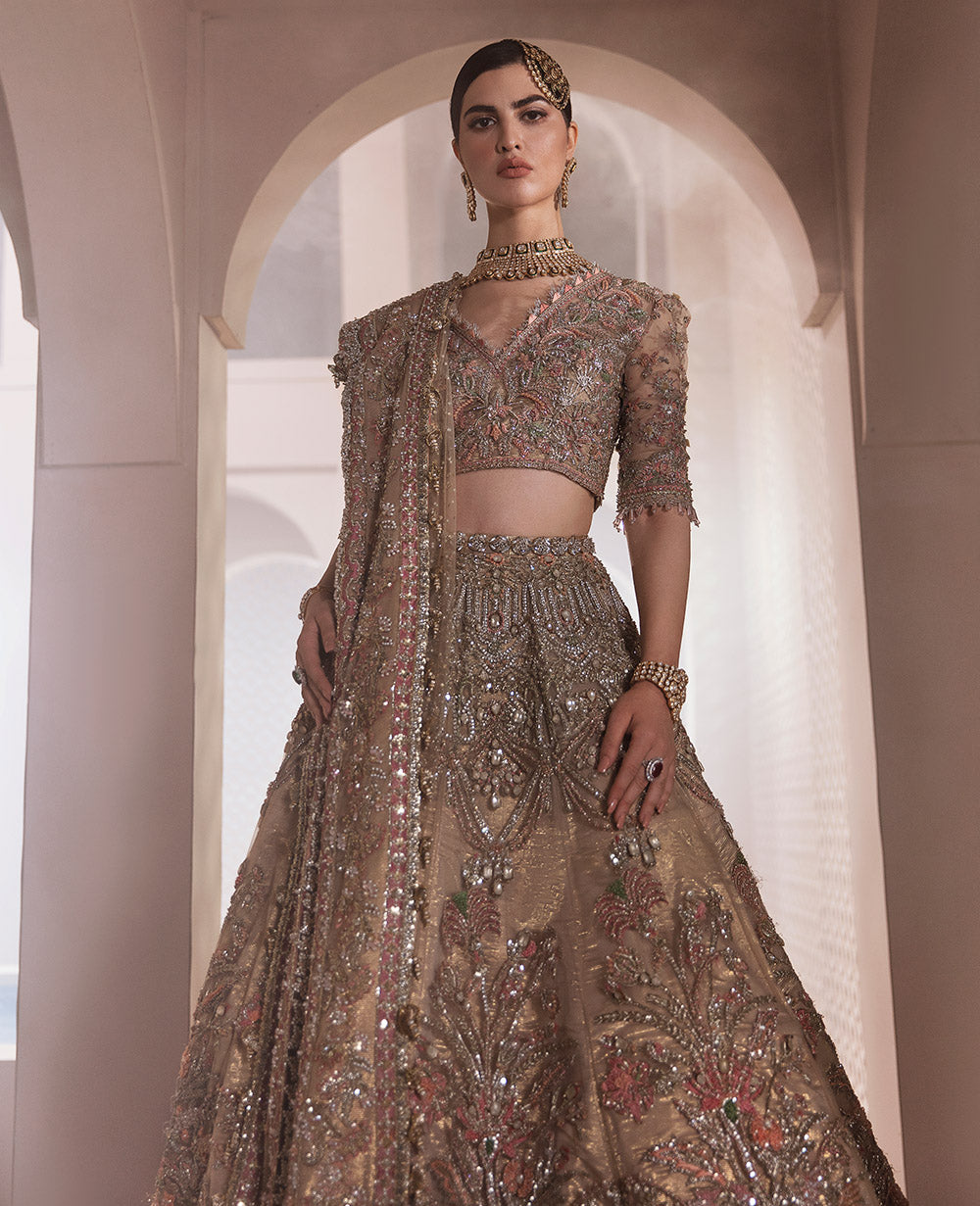 Antique Gold Embroidered Silk Bridal Lehenga (3-Piece) - Image 3