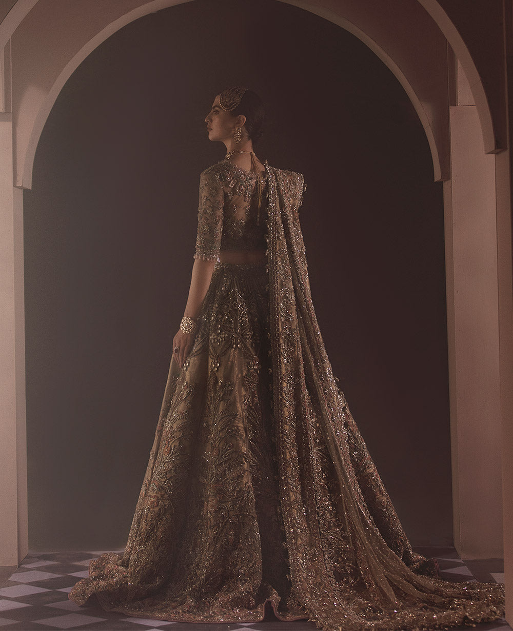 Antique Gold Embroidered Silk Bridal Lehenga (3-Piece) - Image 4