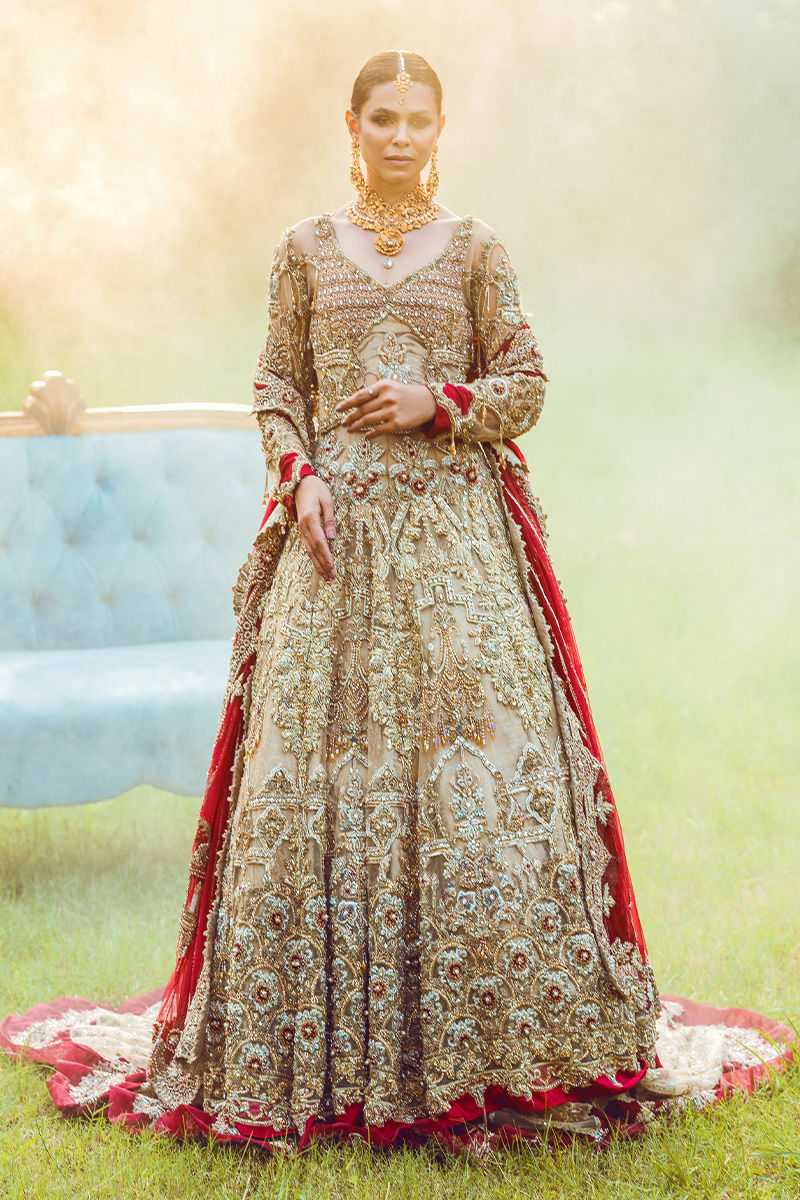 Beige Gold Zardozi Silk Bridal Lehenga (3-Piece) - Image 1