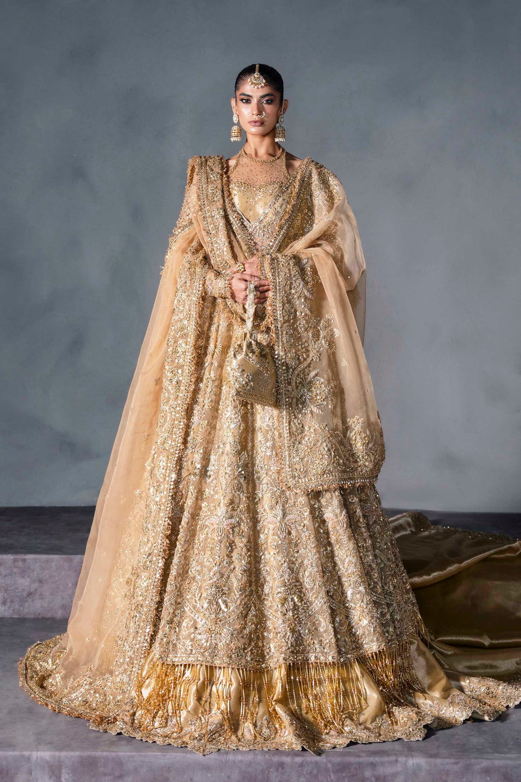 Pakistani Gold Zardozi Sequin Silk Bridal Lehenga (3-Piece) - Image 1